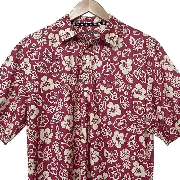 Tattoo Golf Mens 2XL Aloha ProCool Polo Shirt Floral Skull Burgundy/Pink Cream - Picture 3 of 12